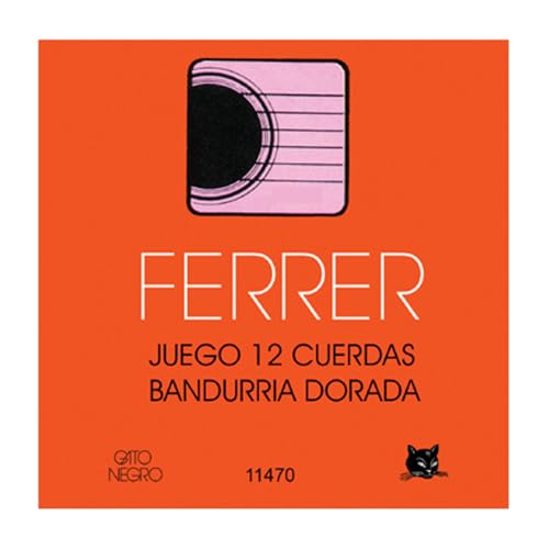 Ferrer Gato Negro Juego de Cuerdas para Bandurria 12 Cuerdas Doradas, Acero al Carbono con Entorchado Latón Dorado, Fabricado Artesanalmente en España desde 1868