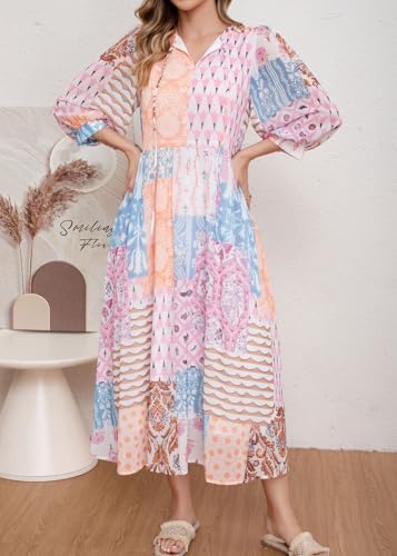 Image of CHARTOU Women Boho Floral Printed Long Dress Summer Lantern Half Sleeve Beach Flowy Loose Swing Chiffon Sundress