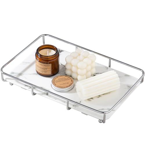 Vanity Tray Makeup Organizer Cosmetics Storage Bathroom Skincare Organizer Countertop Display Rack in Dresser Stainless Steel Shelf Marble Print Ceramic Trays
