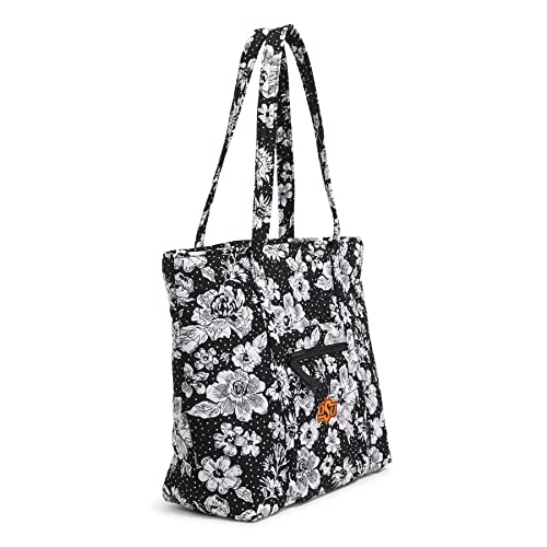 Vera Bradley Women\'s Cotton Collegiate Vera Tote Bag (Multiple Teams Available), Black/White Rain Garden With Oklahoma State University - Recycled Cotton, One Size