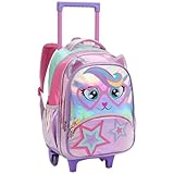 Mochila Escolar Infantil com Rodinhas, Alça Retrátil 2 Níveis, Design Colorido, Material Reforçado, Compartimentos Espaçosos, para Menina Criança (Mochila de Rodas Gatinha)