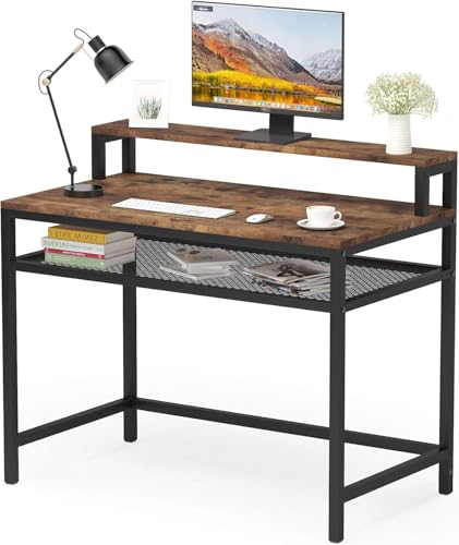 Image of Study Table | Computer Desk with Monitor Stand | Industrial Simple Study Writing Desk with Mesh Storage Shelf for Home Office | Rustic Brown | 120x55x90 cm
