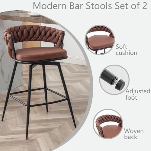 Butacos modernos de altura para barra Canxkun, juego de 2 unidades, asiento tejido, giro de 360°, para isla de cocina, cafetería o barra (marrón) miniatura 3