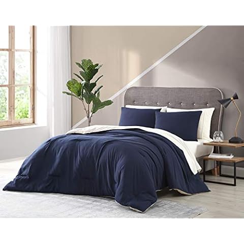 Addison Home Arica Soft-Washed Reversible Comforter Set Twin Bed in A Bag Navy-Taupe 5 Pieces - 1 Reversible Comforter(66X90 inches), 1 Pillow Sham, Flat Sheet, Fitted Sheet, 1 Pillowcase. Cover