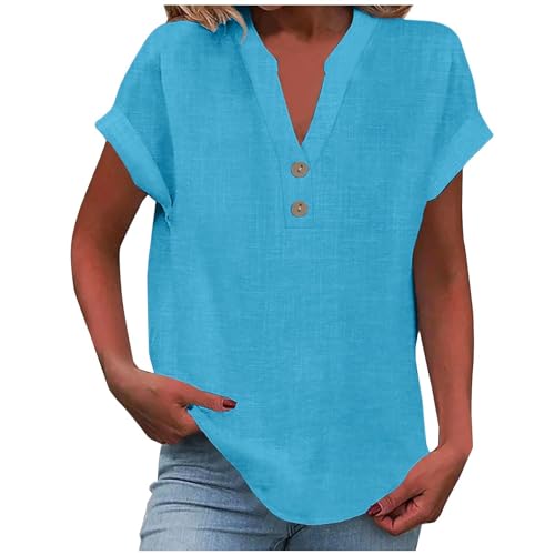 Damen Leinen Hemd Elegant mit Tasche Sommer Oversized Kurzarm Blusen Shirt Oberteile Elegant Bluse Oberteile Einfarbig Basic Unterhemd Top Hemdbluse...