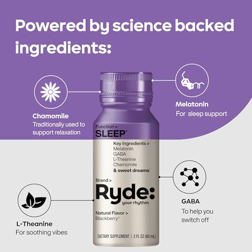 Image of Ryde: SLEEP | 2oz Sleep Shot for Occasional Use | Melatonin, GABA, L-Theanine & Chamomile | Blackberry Natural Flavor | Sugar-Free, Zero Calories, Vegan | Manufactured in USA (8 Pack)