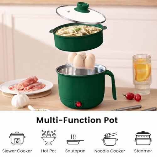 Image of Electric Cooking Pot with Steamer 1.5L | Multi-Function Mini Cooker | Non-Stick Inner | Travel Friendly Kitchen Appliance (Green, With Steamer)