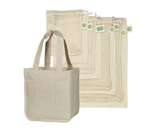 Best Reusable Grocery Bags Set - 9 Piece Cotton Reusable Grocery Shopping Bags Includes 4 Muslin Fabric Bags, 4 Cotton Mesh Bags and 1 Bonus Cotton Tote Bag - Bundle Best Eco-friendly Grocery Bags Set