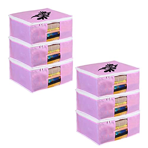 Image of PrettyKrafts Large Saree Cover With Creative Prints, Wardrobe Organiser, Clothes Cover & Storage, Zip Closure and Transparent Window | Clothes Storage Bag | Set of 6, Pink | Size: 40 x 35 x 20 cm