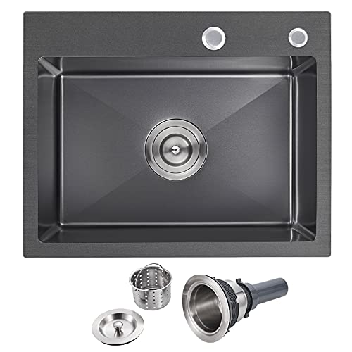 POPFLY 25×18 Inch Single Bowl Kitchen Sink, Overmount T304 stainless steel kitchen sink, 18 Gauge R10 Drop-in Utility sink, Single Sink for Kitchen, Black