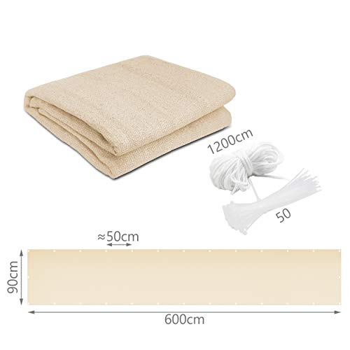 Image of VOUNOT Balcony Privacy Screen, 90x600cm, HDPE Balcony Cover, Wind and UV Protection, Weatherproof, Beige