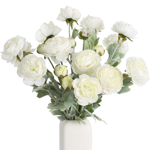 IPOPU White Peonies 6pcs White Artificial Ranunculus Flowers18Heads Faux Peonies 20.47" White Fake Flowers for Floral Arrangements Wedding Decorations for Home Decor Indoor