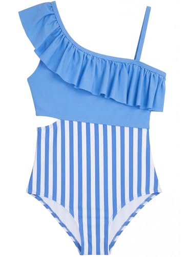 Image of Alakuoti Girls One Piece Swimsuits Cutout Ruffle Bathing Suit Quick Dry Beach Swimwear with Adjustable Strap 5-14 Years