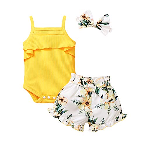 jkhhi Infant Baby Girl Solid Color Ruffled Suspender Romper Bodysuit+Small Floral Print Shorts+Bowknot Headbands Outfits(Yellow,12-18M)