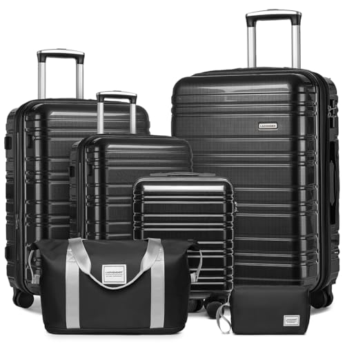 Image of LARVENDER Luggage Sets 6 Piece Hardside Expandable Suitcase with Wheels TSA Lock, PC+ABS Hardshell Lightweight Travel Luggage Sets for Women, Glossy Black