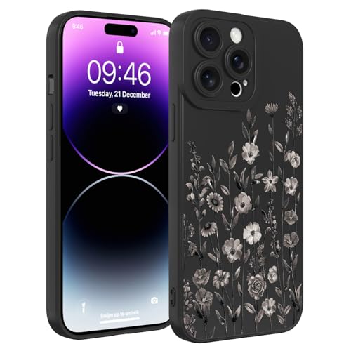 Image of Designed for iPhone 14 Pro Max Case Flower for Women Girls, Black | Cute Floral Pattern Liquid Silicone Phone Case [Full Camera Protection] Slim Soft TPU Protective Cover