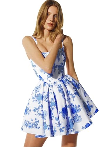 SoDigne Floral Print A Line Mini Homecoming Dresses for Teens Summer Wide Straps Satin Short Cocktail Gown