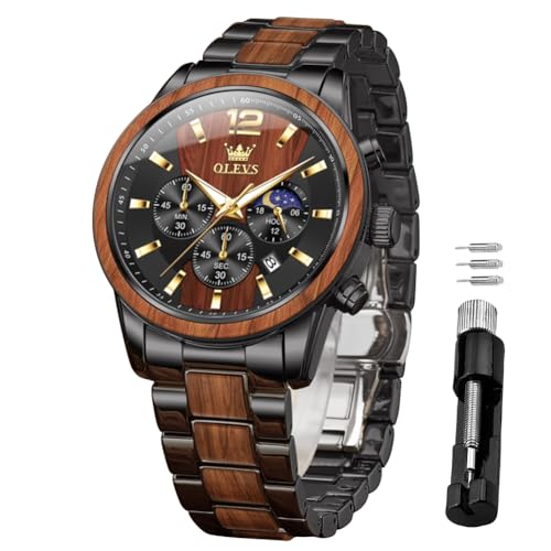 Image of OLEVS Men Watch Wooden Accent Band Multi Function Dial Luminous Waterproof Casual Luxury Business Watch