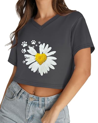 Image of Womens Crop Tops Short Sleeve V Neck Summer Cropped T Shirts Baisc Tees