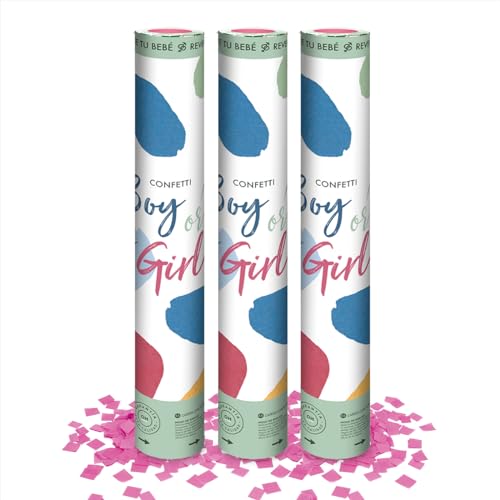 OH YEAH - Pack 3 Uds - Cañón Confeti Revelación de Género Rosa 30 cm - Revelación Sexo Bebé - Confeti Rosa - Baby Shower - FÁCIL DE USAR