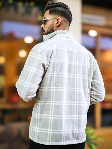 Image of Maniac Mens Checkered Full Zipper Fullsleeve Polyester Blend Fleece Shacket for Men