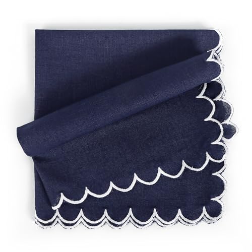Image of FINGERCRAFT Scallop Edge Cloth Napkins | Set of 6 | 20x20 Inches | 100% Cotton | Table Napkins for Any Occasion | Washable, Perfect for Parties and Everyday Use (Navy Slub, Set of 6)