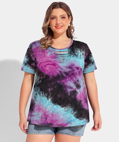 Image of CARCOS Plus Size Tops for Women Short Sleeve Shirts Basic Tee Solid Color Blouse V Neck Tunic Loose Fit Tshirts Summer XL-5XL