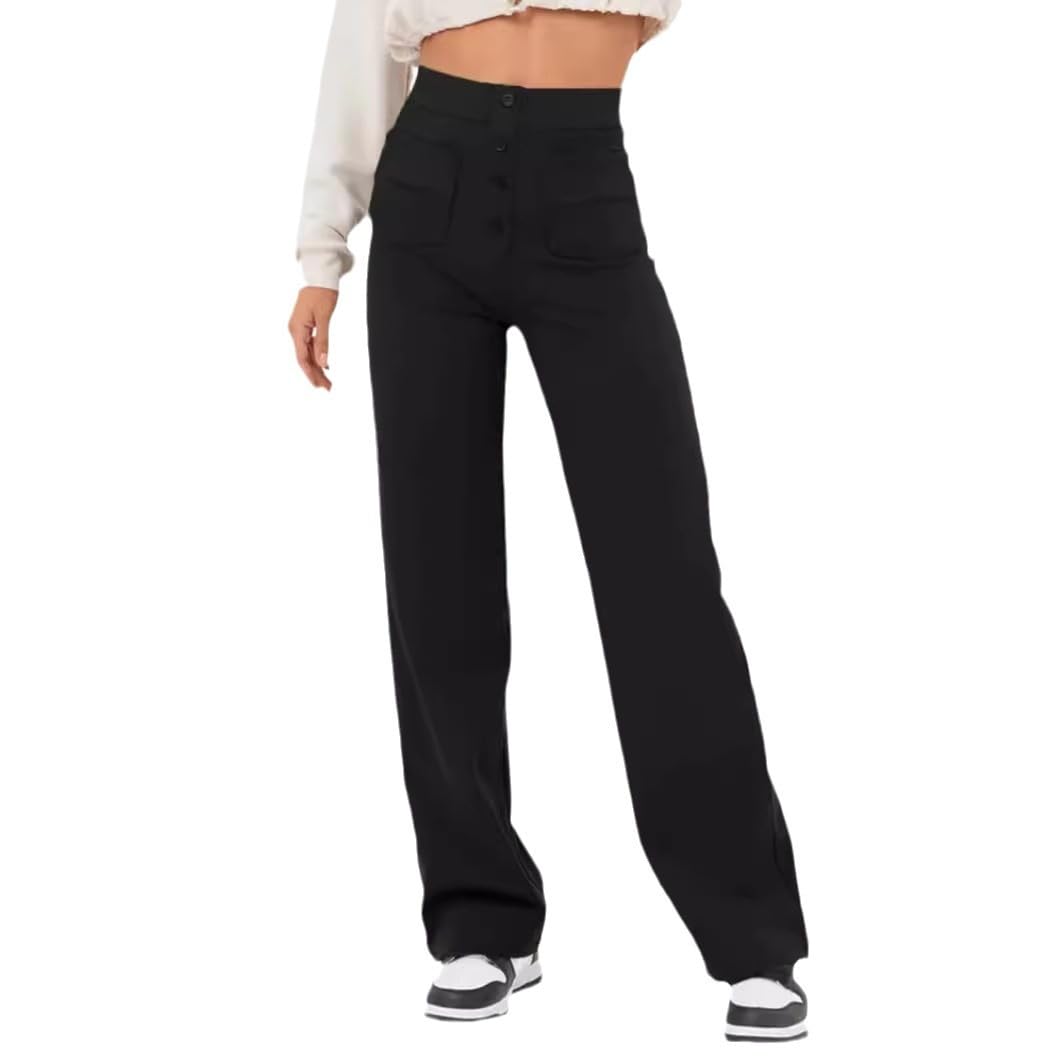 FOMELY Women High Waist Pants Casual Button Down Straight Leg Pants with Pockets Black