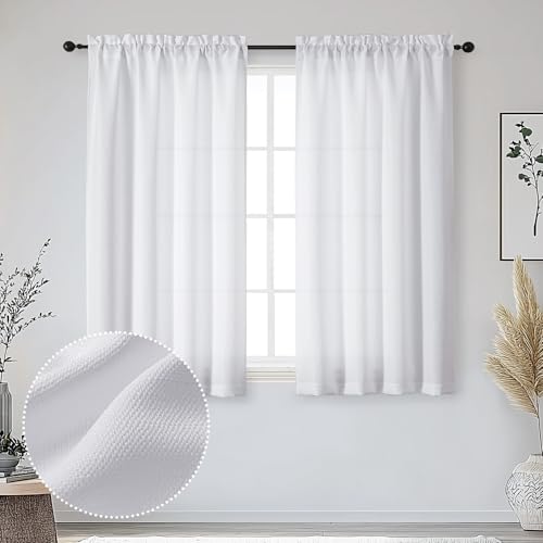 OWENIE Bob 2 Panels White Curtains for Bedroom 54 Inch Length, Faux Linen Textured Light Filtering Small Window Curtains for Living Room, Modern Soft Airy Rod Pocket Drapes, 30Wx54L Inch