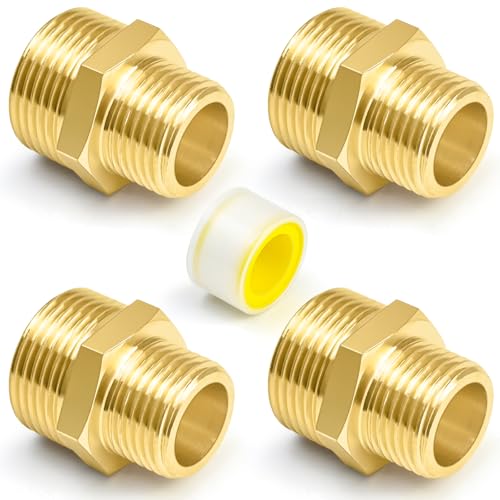 CONJURAIDE 4 Stück Reduzierung 3/4 auf 1/2, Messing Doppelnippel Reduziert Reduziernippel Adapter 3/4 zoll auf 1/2 zoll adapter Wasser Reduzierstück mit Gewindedichtband für Trinkwasser Geeignet