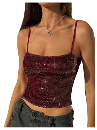 MakeMeChic Women's Y2K Sequin Tops Sparkly Beaded Top Glitter Concert Outfits Party Open Back Dressy Crop Tank Tops
