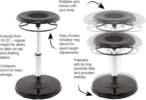 Image of Kore Teen /College Hi-Rise Adjustable Wobble Chair, 21-31.5in Tall, Black | Active seating for home, dorm, and classroom supports focus and posture; adjusts 21-31.5in; anti-tip base; Made in USA
