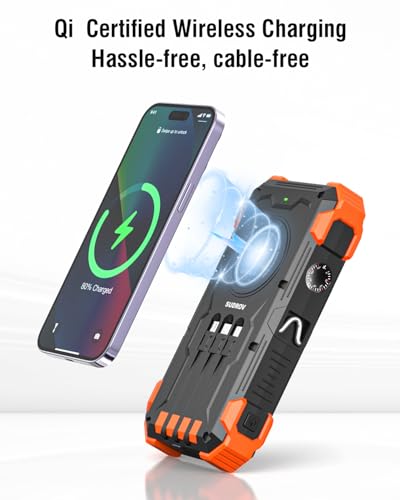 Image of Solar Power Bank 20000mAh Built-in 4 Cables, Solar Charger Power Bank USB-C 3A Fast Charging for iPhone Samsung, Portable Wireless Charger with Flashlight, Thermometer, Battery Pack for Camping