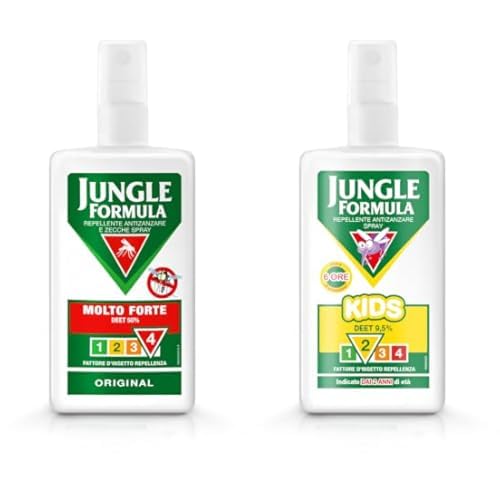 JUNGLE FORMULA Molto Forte Spray Antizanzare per Insetti Con Azione Duratura fino a 9 ore di protezione,75 ml + Kids Spray Insetto repellente Antizanzare con DEET al 9,5%, 75ml