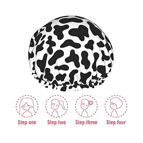 Image of Black And White Cow Skin Abstract Animal Farm Shower Cap For Women Adjustable Double Waterproof Layers Bathing Bath Cap Hair Protection Reusable Ladies Spa Salon Shower Hat