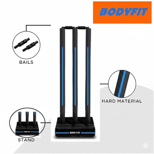 Image of Bodyfit Cricket Stumps | Plastic Wickets Set with 3 Stumps + 2 Bails + 1 Stand | Full Size Wickets for Cricket Ground, Tournament Wicket, Floro Black-Blue.