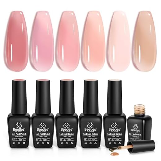 Beetles Jelly Gel Nail Polish Set, 6 Colors Jelly Gel Polish Kit Nude Pink Neutral Nail Art Design Sheer Translucent Gel Nail Kits Soak Off Uv Nail Lamp Cured Nail Manicure Gift for Women