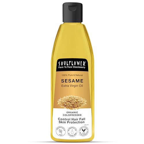 Image of Soulflower Organic Sesame Oil for Hair Growth, Reduce Hair Fall, Moisturuzer, Prevents Dandruff, 100% Pure, Ecocert Organic Certified, Natural, No Mineral Oil & Preservatives, 225ml (Pack of 2)