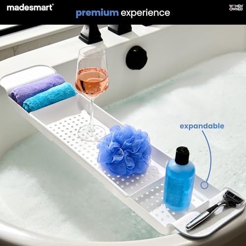 madesmart-Expandable-Bath-Tray-White-adjustable-tub-fit-drainage-holes-soft-grip-sides-soap-razors-toys-bathtub-caddy-woman-owned