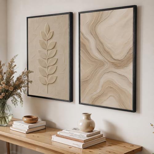 Image of NoWorries Minimal Leaf Wall Painting Set of 2 with Frame | Neutral Beige Botanical Leaf & Abstract Marble Texture Artwork, Modern Nature Wall Decor for Living Room, Bedroom, Office and Home Decoration (Art-14, 17x25inch)