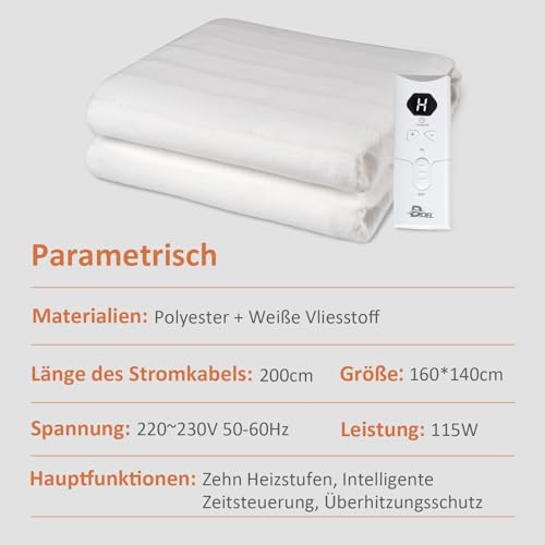 DOEL Heizdecke 160x140cm, Wärmeunterbett Doppel mit 10 Heizstufen, Elektrische Wärmedecke mit 3/12h Abschaltautomatik, Maschinenwaschbar Matratzenheizung, 220-230V, 50-60Hz, 115W, Weiß