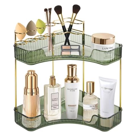 JIAN YA NA 2 Tier Green Makeup Organizer: Corner Counter Storage High-Capacity Skincare Make Up Organizers Cosmetic Holder Shelf for Bedroom Dresser or Vanity Countertop (2-Tier,Green) Cover