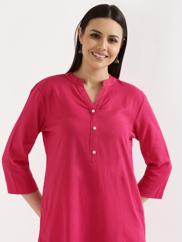 Image of SAADAA Women's Linen Straight Fit Straight Long Kurta Airy Plain Kurta, 3 /4 Sleeve, Knee Length Kurtis with Pockets, Casual and Office Wear