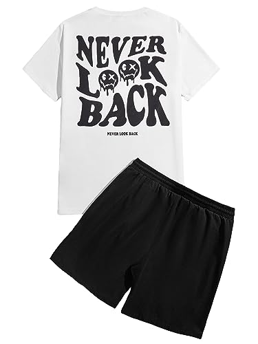 GORGLITTER Men's 2 Piece Slogan Graphic Outfit Short Sleeve Tee Drawstring Waist Shorts Set