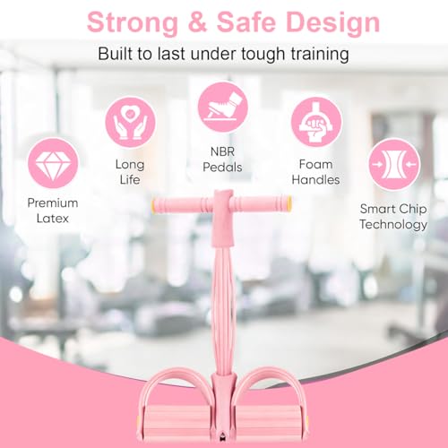 Ruayia Bauchtrainer, Elastisches Seil mit Fußpedal, Sit-Up Trainingsgeräte Bodybuilding Expander, 6 Tubes Gummi Elastische Zugseil, Bauchtrainer für Zuhause, Yoga, Fitness - Rosa