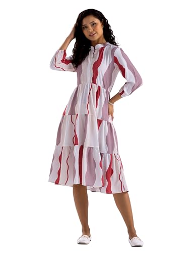 Image of AASK Women Diamond Creap Striped Printed Mandarin Collar Fit & Flare Dresss