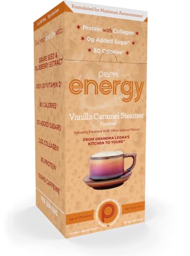 Image of Perk Energy Drink Mix (Vanilla Caramel Steamer) 10 Stick Packs, Gluten-Free | Caffeinated Healthy Coffee Alternative with Protein, 100mg of Caffeine, Soy-Free, Peanut-Free