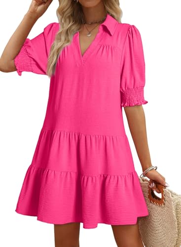 Image of Dokotoo Casual Dresses for Women Lapel Collared V Neck Mid Sleeved Pleated Summer Dresses for Women 2026 Midi Dresses
