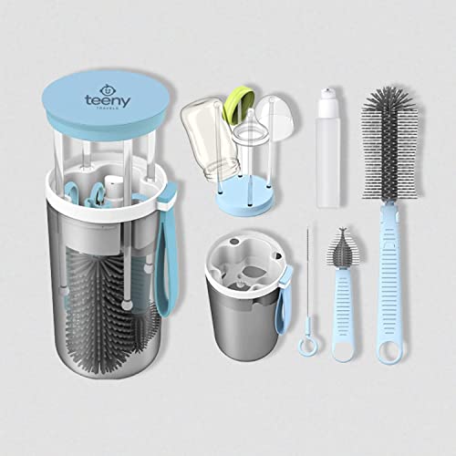 Image of Teeny Travels Baby Bottle Cleaning Kit - Extendable Silicone Cleaning Brush, Built in Drying Rack, Straw Cleaner and Nipple Brush - Easy to Clean, Made for Travel, Family Friendly (Blue)