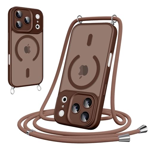 Pnakqil Funda Magnética con Cuerda para iPhone 17 Pro, Carcasa Antigolpes Case Translúcida Mate Anti-Arañazos, Cover con Correa Colgante Ajustable Collar Colgar de Cuello Cadena Cordón, Marrón